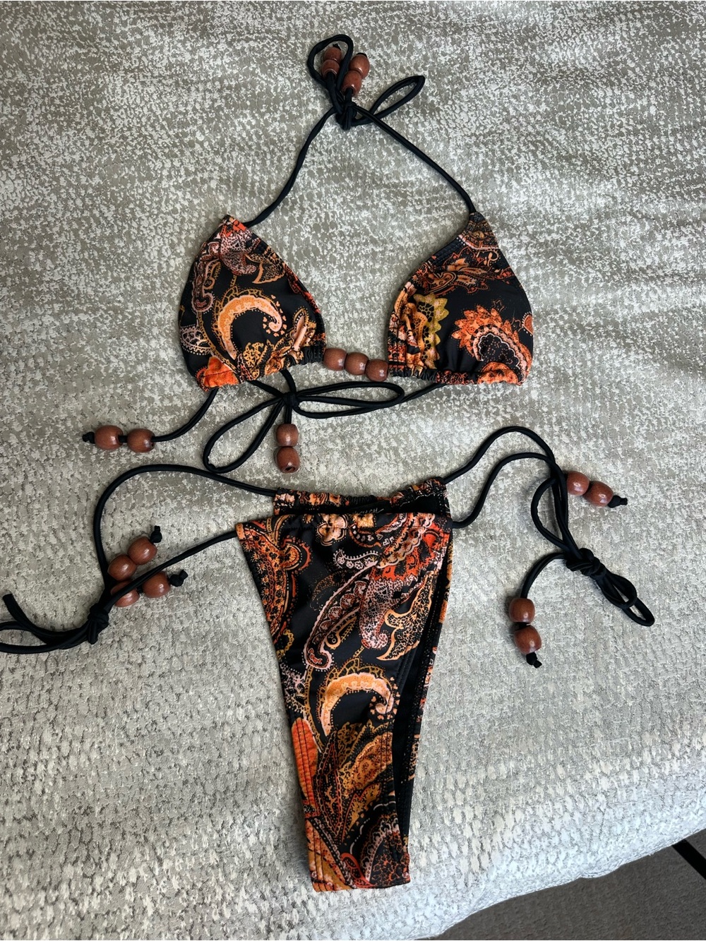 Women's Paisley Tie-Side Bikini Set in Black and Orange